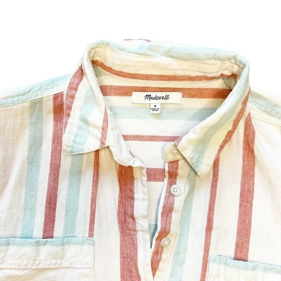 Madewell Courier Stripe Linen Cotton cream multicolor shirt dress Popover Medium - Picture 3 of 8